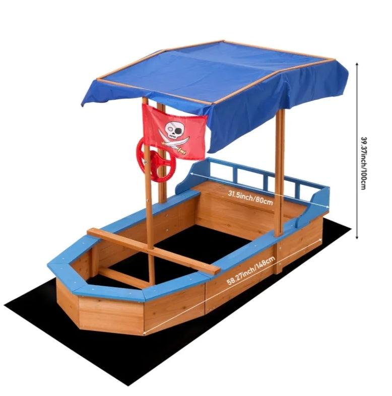 Sand pit mud box Wooden Sandbox, Pirate Ship Sandpit with Bench Seats, Hidden Storage, Flag, Rudder & Non-woven Fabric Liner, Garden Sand Pit