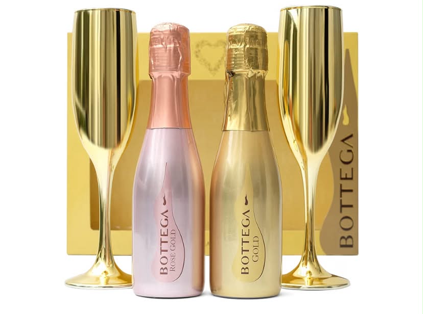 Bottega Prosecco Gift Set - Luxury Rose Gold & Gold DOC,2 x 20cl Miniature Bottles, 2 x Champagne Flute Glasses