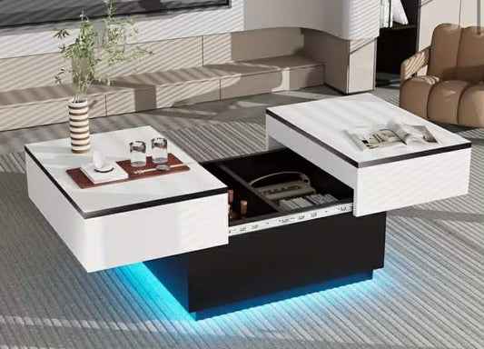 Morden Coffee Table with Rgb-Color LED Lighting  Modern Black&White Hidden Storage Drawers & Sliding Top  Space-Saving Design for Living Room Black & White