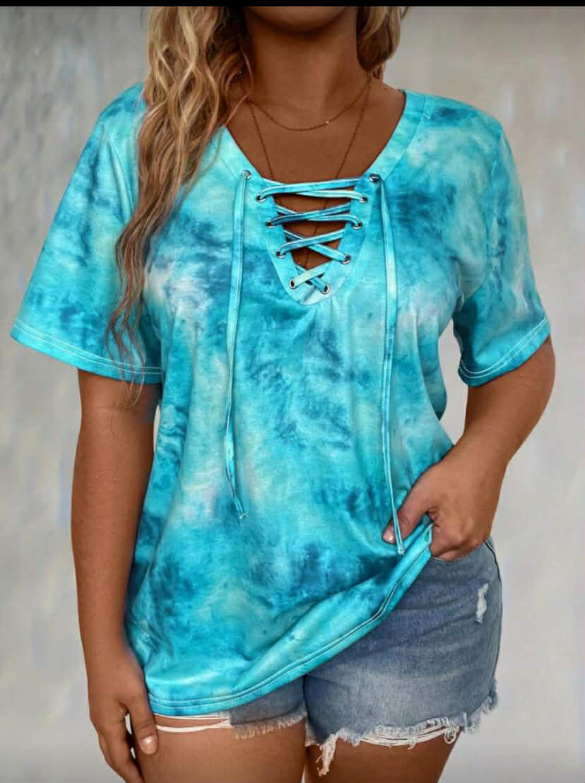 Tie Dye Lace Up Front Tee Graphic Tees Women Tops