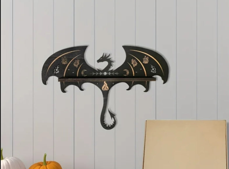 Wooden Wall-Mounted Display Rack in The Shape of a Dragon, Designed with a Gothic And Witchy Aesthetic