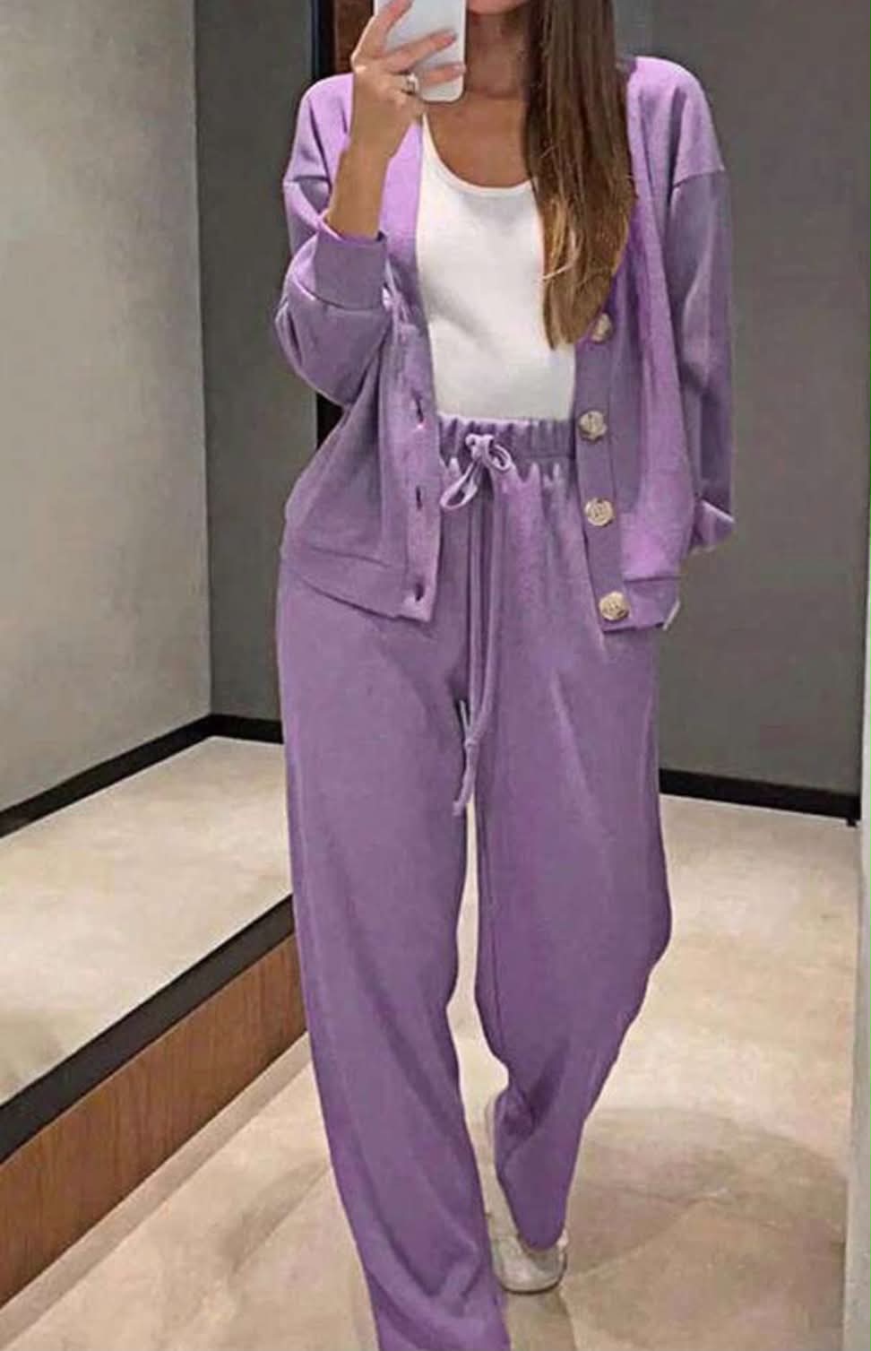 2pcs Women Casual Knit Cardigan Jacket And Drawstring Pants Set Spring Elegant