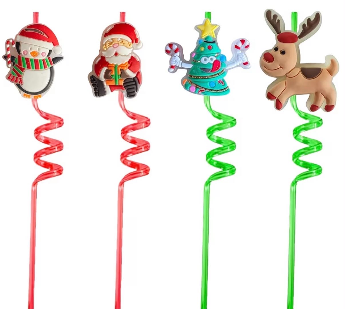 4pcs Reusable Christmas Party Straws - Santa, Elf, Tree, Rudolph Designs - Food-Safe Drinking Straws