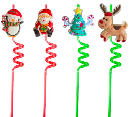 4pcs Reusable Christmas Party Straws - Santa, Elf, Tree, Rudolph Designs - Food-Safe Drinking Straws