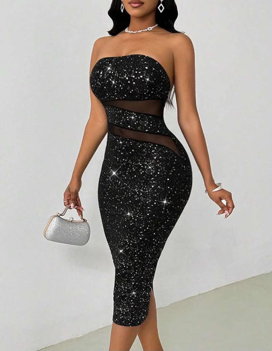 Metallic Mesh Panel Bodycon Mini Dress