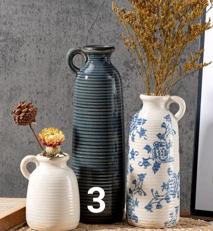Ceramic Vase Set of 3 with Handles,  Farmhouse Boho Decor, Versatile as Table Centrepiece or Mantel & Shelf Accent - Unique Home Gift Idea