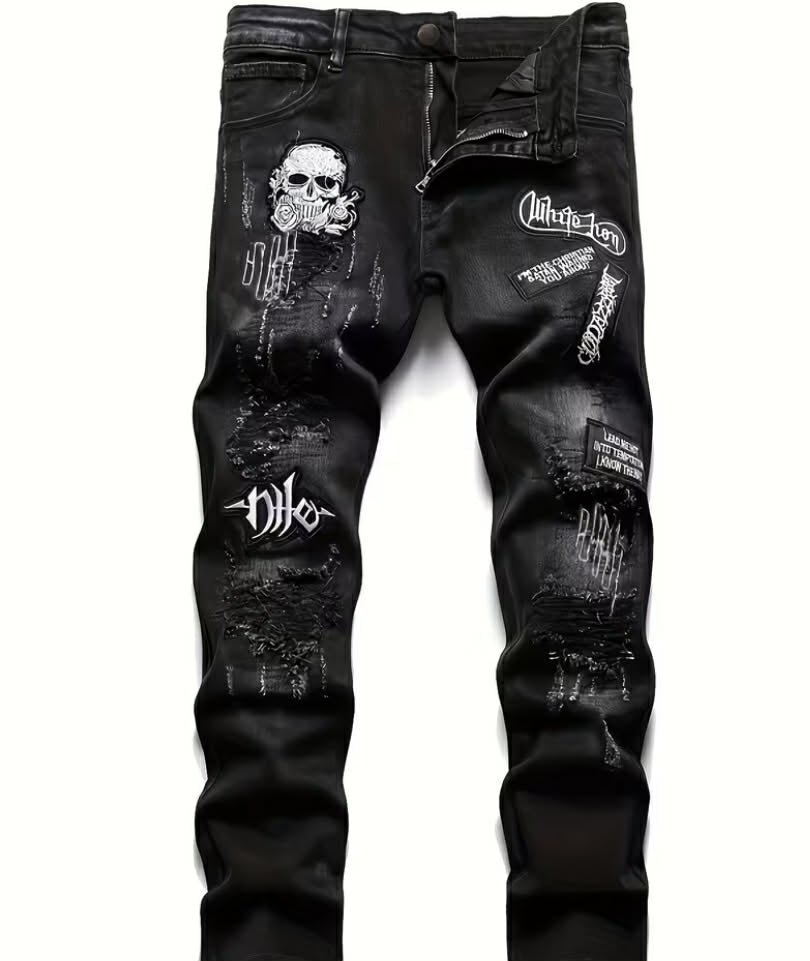 Black Men's Gothic Skull & Crossbones Embroidered Jeans