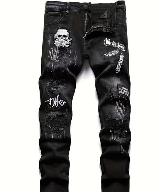 Black Men's Gothic Skull & Crossbones Embroidered Jeans