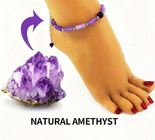 1 pc Natural Amethyst Bohemian Anklet Stainless Steel Waterproof Speacer Beads Body-Purify Slimming Bracelet Stone Energy Anklet For Women Weight Loss Energy Anklet Fatigue Relief Healing Yoga Anklet