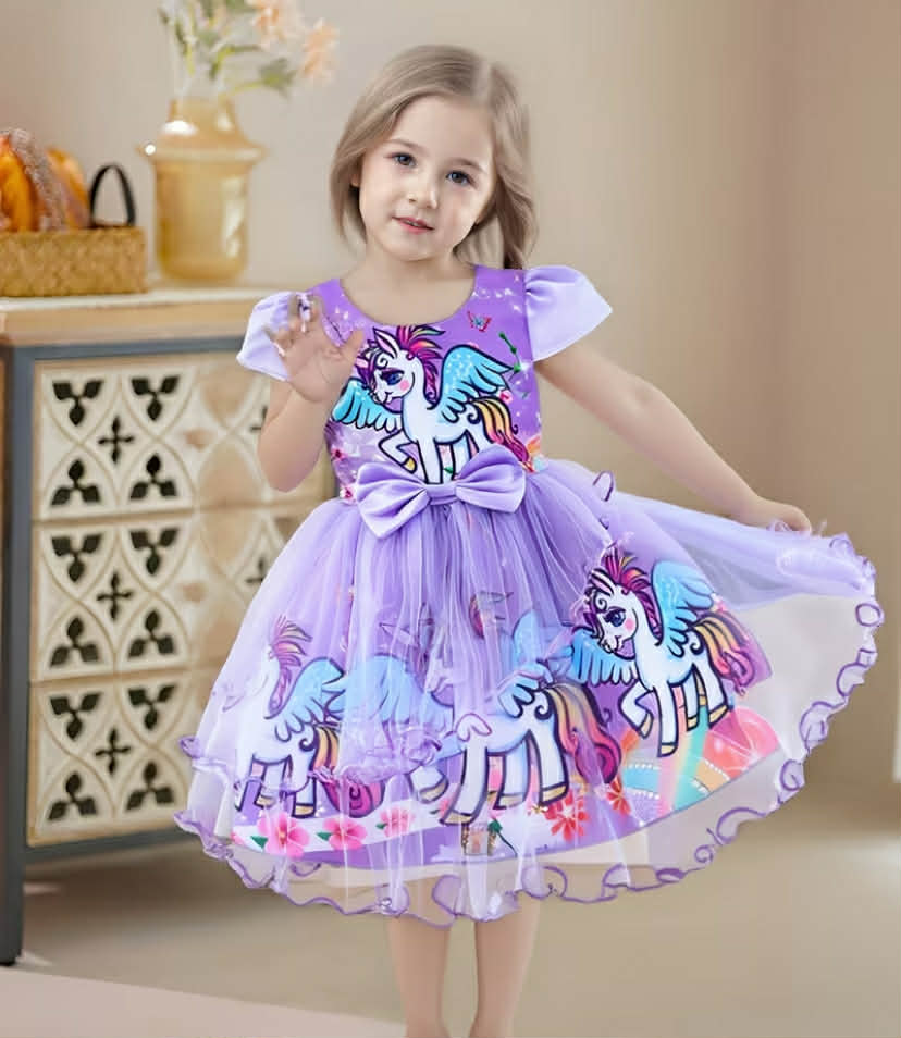 Girls' Summer Petal Sleeve Casual Dress with Unicorn Mesh Fashion Dress