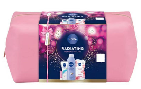NIVEA Radiating Moments Of Joy Gift Set - Includes Lip Balm, Face Mask, Moisturising Cream, Body Lotion & Wash Bag