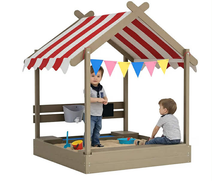 Outsunny Sand Pit Wooden Sandpit Kids Sandbox House for Outdoors, Gardens with Canopy, Liner, Blackboard, Sink, Seats, Flags