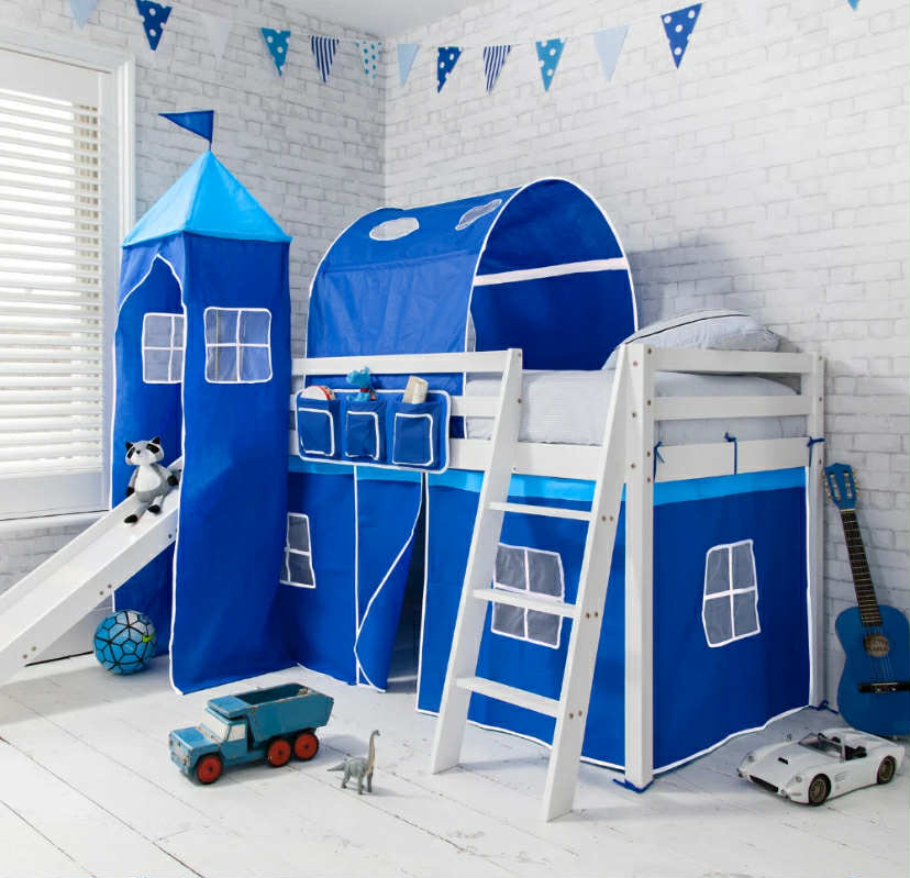 Moro Cabin Bed with Slide and Brilliant Blue Tent, Tower & Tunnel in White