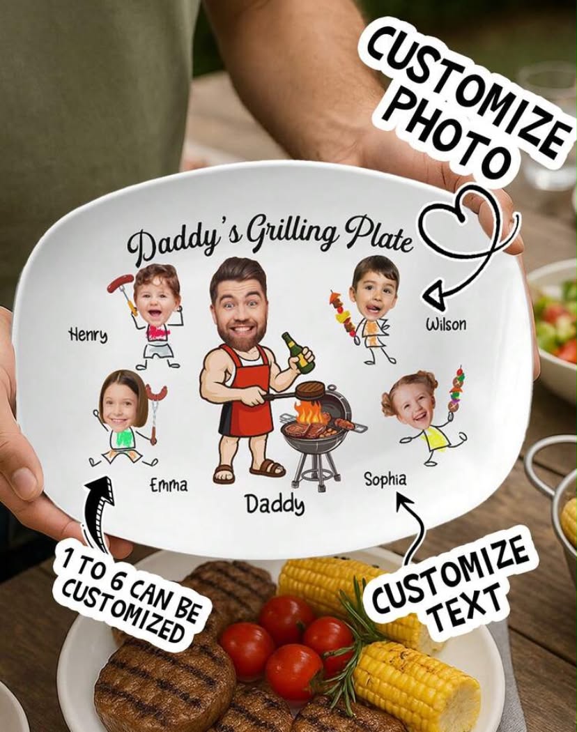 Customized Photo, Personalized Barbecue Plate, Can Customize Text, Cartoon Family Portrait, Gift For Dad, Customized Name, Family Photo Barbecue Tray, 

Up to 6 names