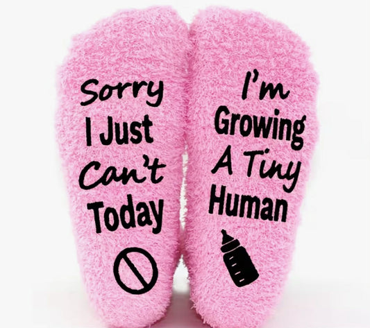 1-Pair (or suitable for)  Funny "Sorry I Just Can't Today, I'm Growing A Tiny Human" Novelty Socks - Pregnancy Announcement Socks for Expecting Parents, Funny Gift for Birthdays, Retirement, Parenting Milestones - Hand Wash/ Dry
