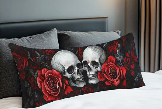 1 pc Gothic Red Roses & Skulls Pillow Cover, 50.8-137.16cm Long, Dark Romantic Style Home Decor, Zipper Closure, Polyester Fabric, Hand Wash Only, Body Pillowcase for Bed,
