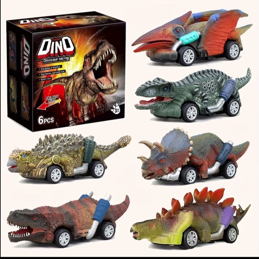 6-Pack Dinosaur Pull-Back Toy Cars Set, Interactive Family Party Game, Manual Dinosaur Vehicle Playset,