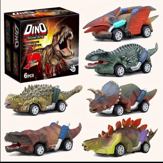 6-Pack Dinosaur Pull-Back Toy Cars Set, Interactive Family Party Game, Manual Dinosaur Vehicle Playset,