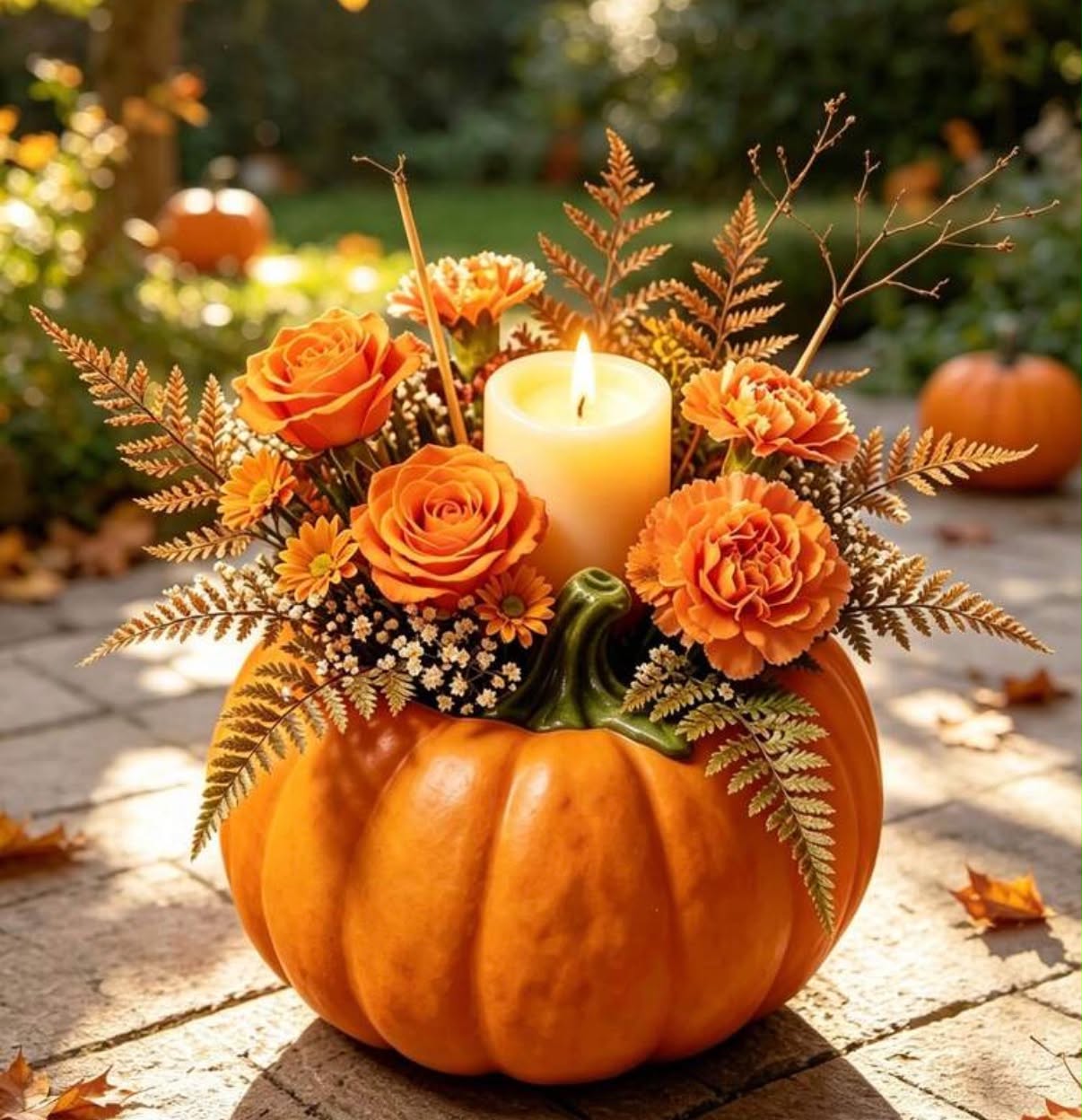 1pc Autumn Pumpkin Decorative Vase With Artificial Roses, Daisies, Fern Floral Arrangement And Candle; Harvest Pumpkin Flower Pot Tabletop Centerpiece Decor,
