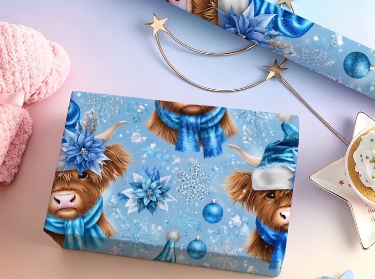 Highland cow, NBC and gnome Christmas wrapping paper