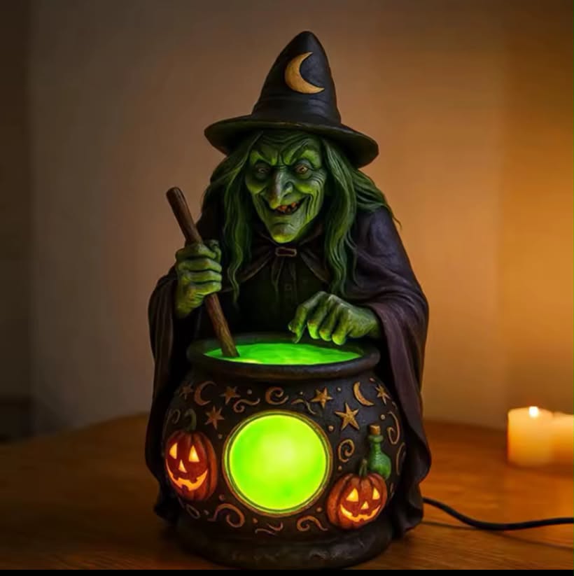 Witch Cauldron Lamp with Eerie Green Glow