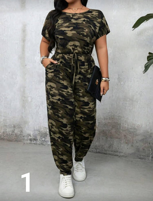 Casual Loose Jumpsuit With Adjustable Shoulder Strap And Double Pockets Camouflage Elastic Waist Pockets Short Sleeve