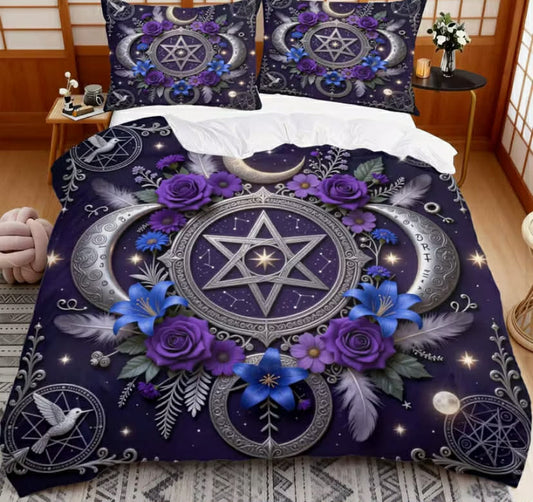 Gothic Witchy Bedding Purple Blue Celestial Moon Star Pentagram Floral