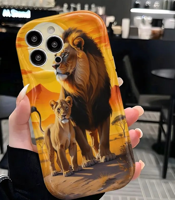 1 pc Creative African Savanna Sunset Lion King Father And Son - Cream Pattern Series 2D Design Phone Case;