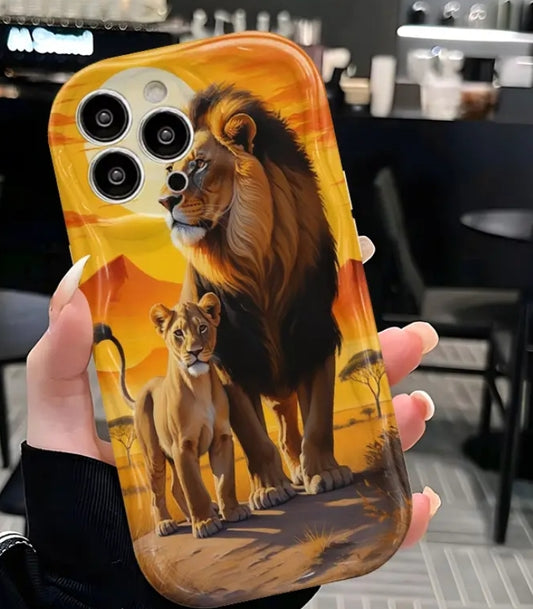 1 pc Creative African Savanna Sunset Lion King Father And Son - Cream Pattern Series 2D Design Phone Case;