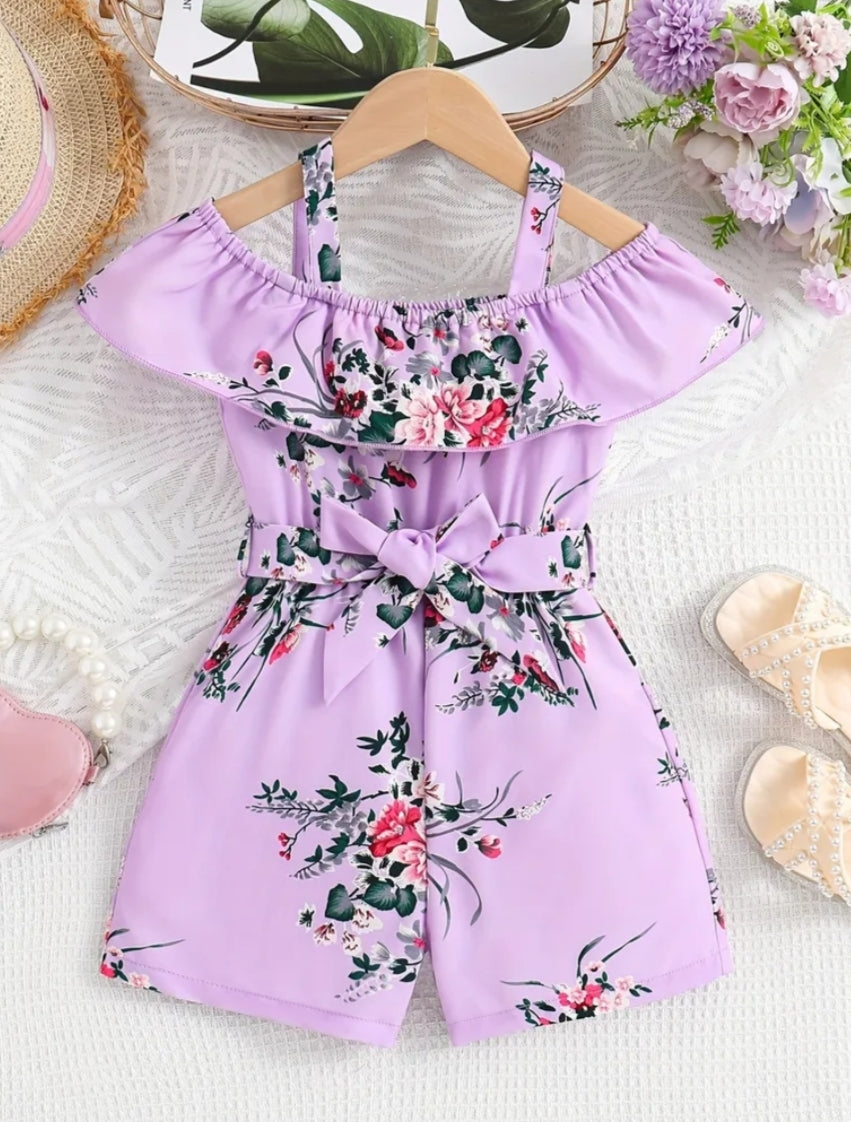 Girls' Off-Shoulder Floral Print Jumpsuit with Ruffled Sleeves & Waist Bow - Vibrant Pink & Green Summer Casual Outfit, Short Sleeveless Dress