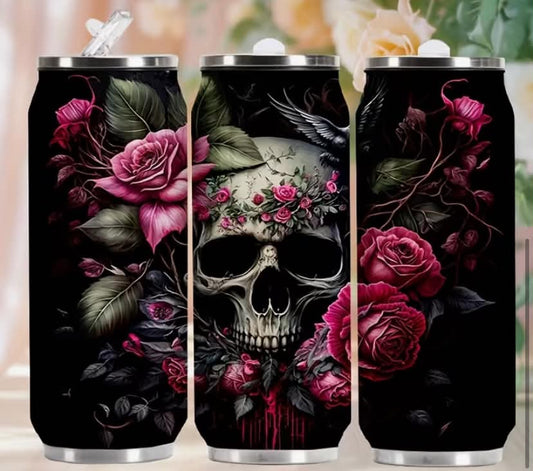 1 pc 500ml Double-Wall Vacuum Insulated Stainless Steel Cup with Lid and Straw - Gothic Rose and Skull Design, Keeps Drinks Hot or Cold for Hours