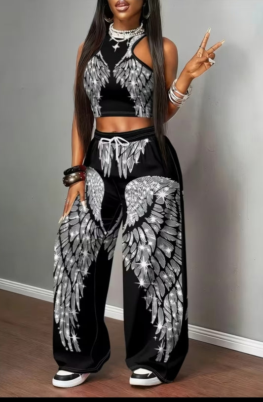 2pcs Set Women's Regular Size American Hot Style Silvery Metallic Wings Print Halter Top& Wide-Leg Pants , Street Trendy Cool Outfit