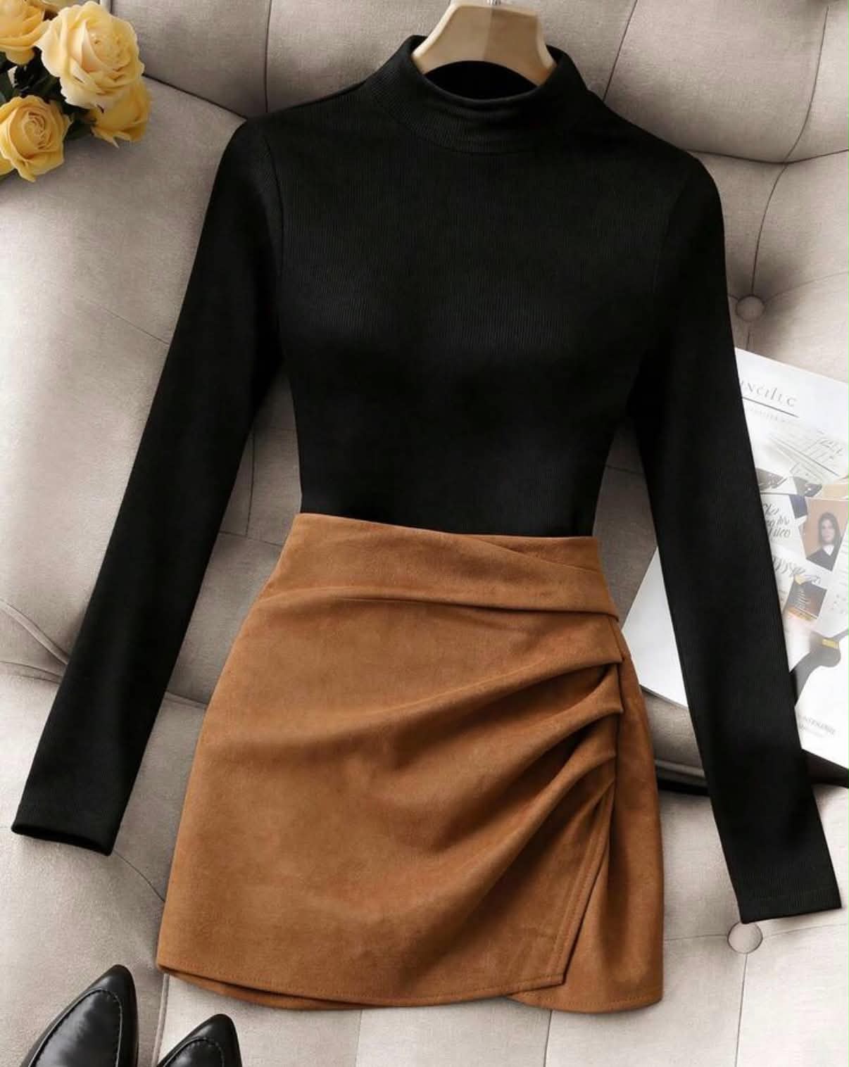 2-Piece Set,
Women Elegant Black High Neck Long Sleeve T-Shirt And Vintage Italian Pleated Mini Skirt