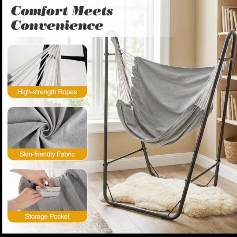 Heavy-duty Hammock Chair w/ Stand, Swing Chair w/Sturdy Metal Frame, Storage Pocket, Quality Fabric, No Beam Design, Indoor Outdoor Hanging Chair for Living Room, Patio, Yard,