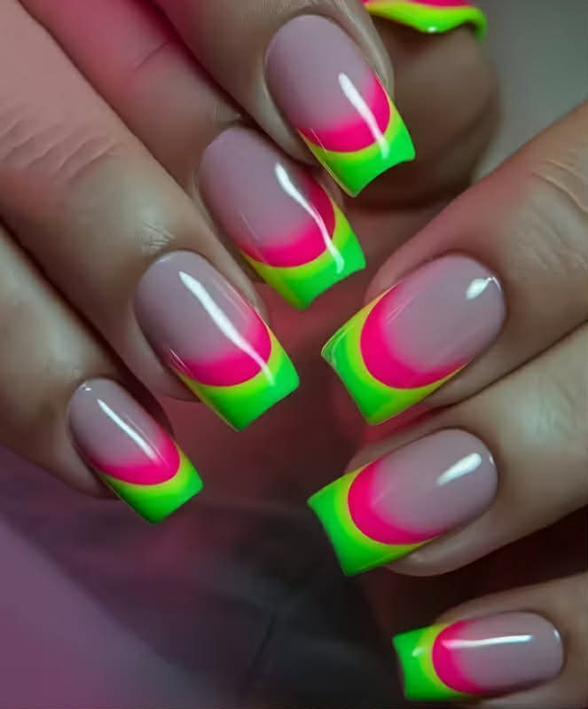24 pcs Square Pink - Nude Neon Ring - Style Glossy Press - on Nails, Removable Press - type Fake Nails