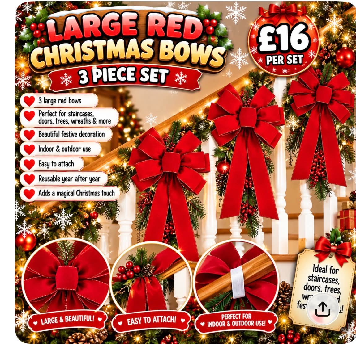 🎀LARGE RED CHRISTMAS BOWS (X3)🎀