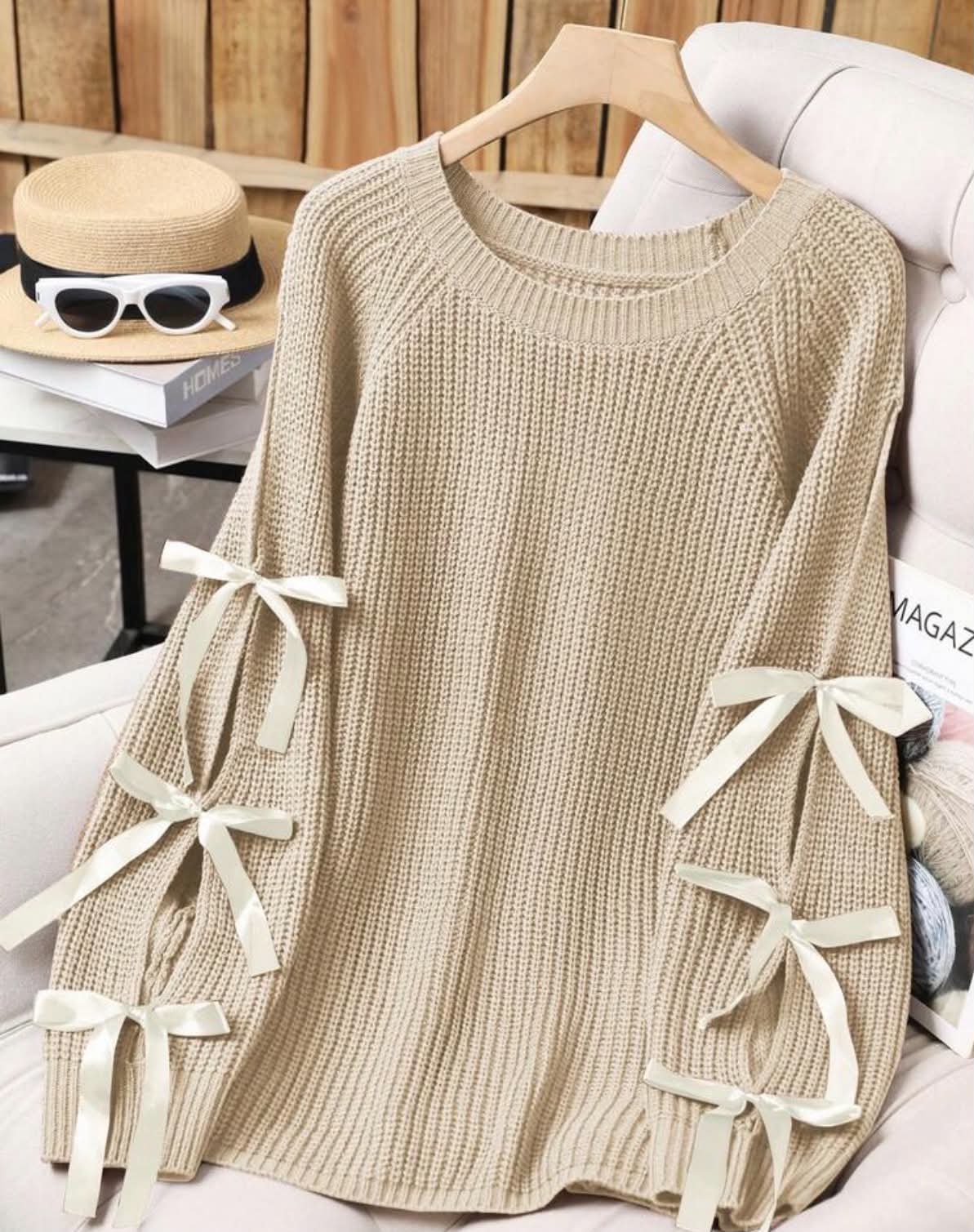 Plus Size Casual Round Neck Bowknot Contrast Color Knit Pullover Sweater