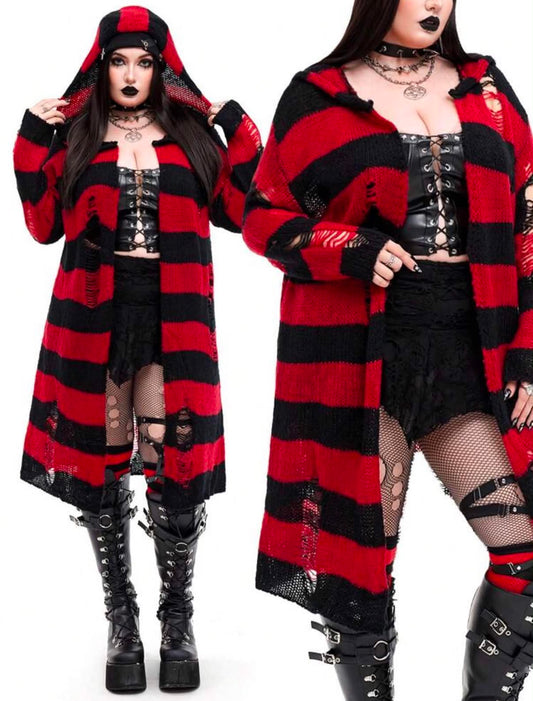 Goth Punk Plus Size Women Gothic Style Contrast Color Hooded Cardigan