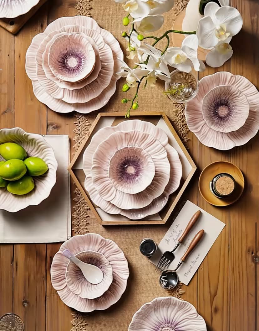 Novel Petal-shaped Ceramic Tableware in Romantic Light Purple, Including Bowls and Plates,