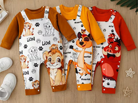 Set of 3 Cartoon Outfits Featuring a Lion, Meerkat, And Wild Boar for Babies, Suitable for Spring, Autumn, And Winter, Designed As Faux Overalls for Outdoor Wear