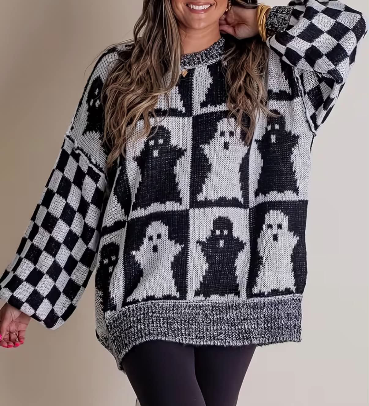 Fun Plaid Jacquard Elegant Casual Loose Long Sleeve Autumn Winter Sweater Summer Solstice
