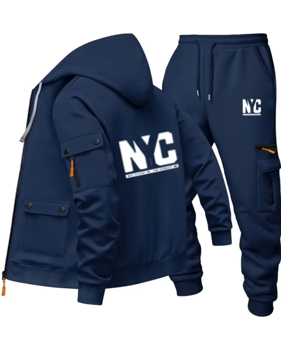 Men'S Hooded Cardigan Sweatshirt And Athletic Casual Print Cargo Long Pants