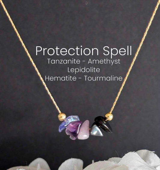 Protection Spell Necklace, Raw Crystal Spiritual Shield