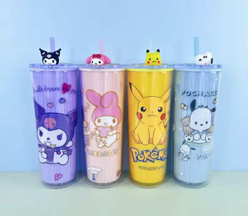 Hot Selling Pikachu Hello Kitty 720ML Large Capacity Double-layer Plastic Straw Cup