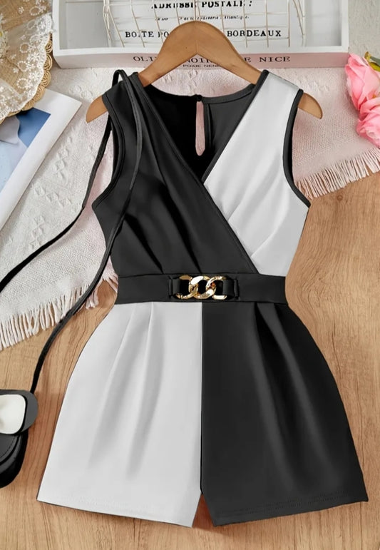 Summer Girls' Fashion Casual Fresh Contrast Color Patchwork Design, with Chain Buckle Elastic Waist Comfortable Soft Knit Jumpsuit, Suitable for Outdoor Travel (Summer Gift)