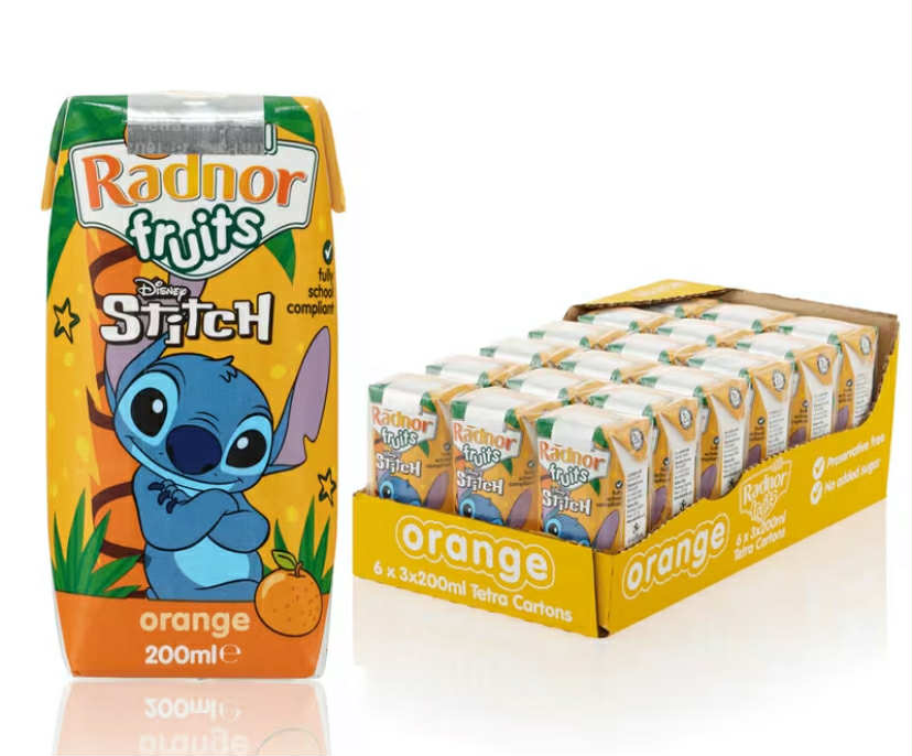 Radnor Fruits Orange Drink, 18 x 200ml Tetra Pak 50% Real Fruit Juice & 50% Spring Water  No Added Sugar  Stitch Edition  Allergen Free