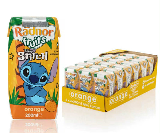 Radnor Fruits Orange Drink, 18 x 200ml Tetra Pak 50% Real Fruit Juice & 50% Spring Water  No Added Sugar  Stitch Edition  Allergen Free
