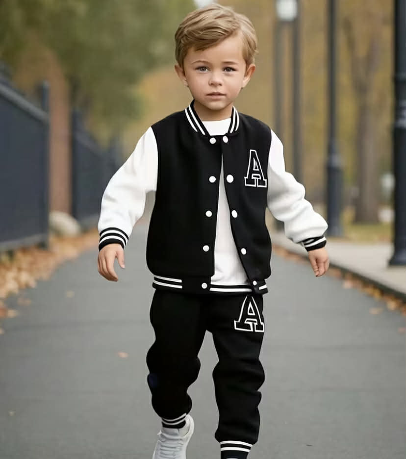 European And American Boys' Autumn And Winter Baseball Jacket with Letter A Print + Letter A Print Long Pants Two-Piece Set, for Outdoor