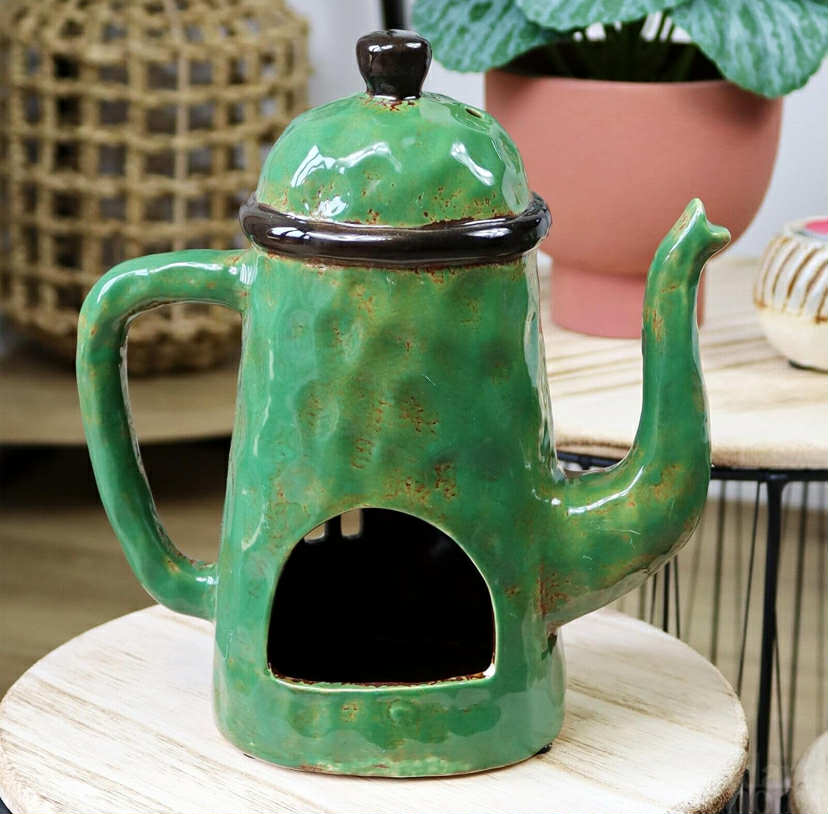 Teapot House Candle Holder 20cm Green Ceramic Hand Painted Tea Light Lantern Large