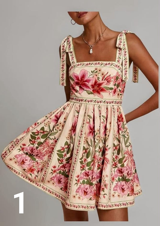 Women's Floral Boho Skater Mini Dresses Tie Shoulder Smocked A Line Ruffle Dress Going Out Sundress